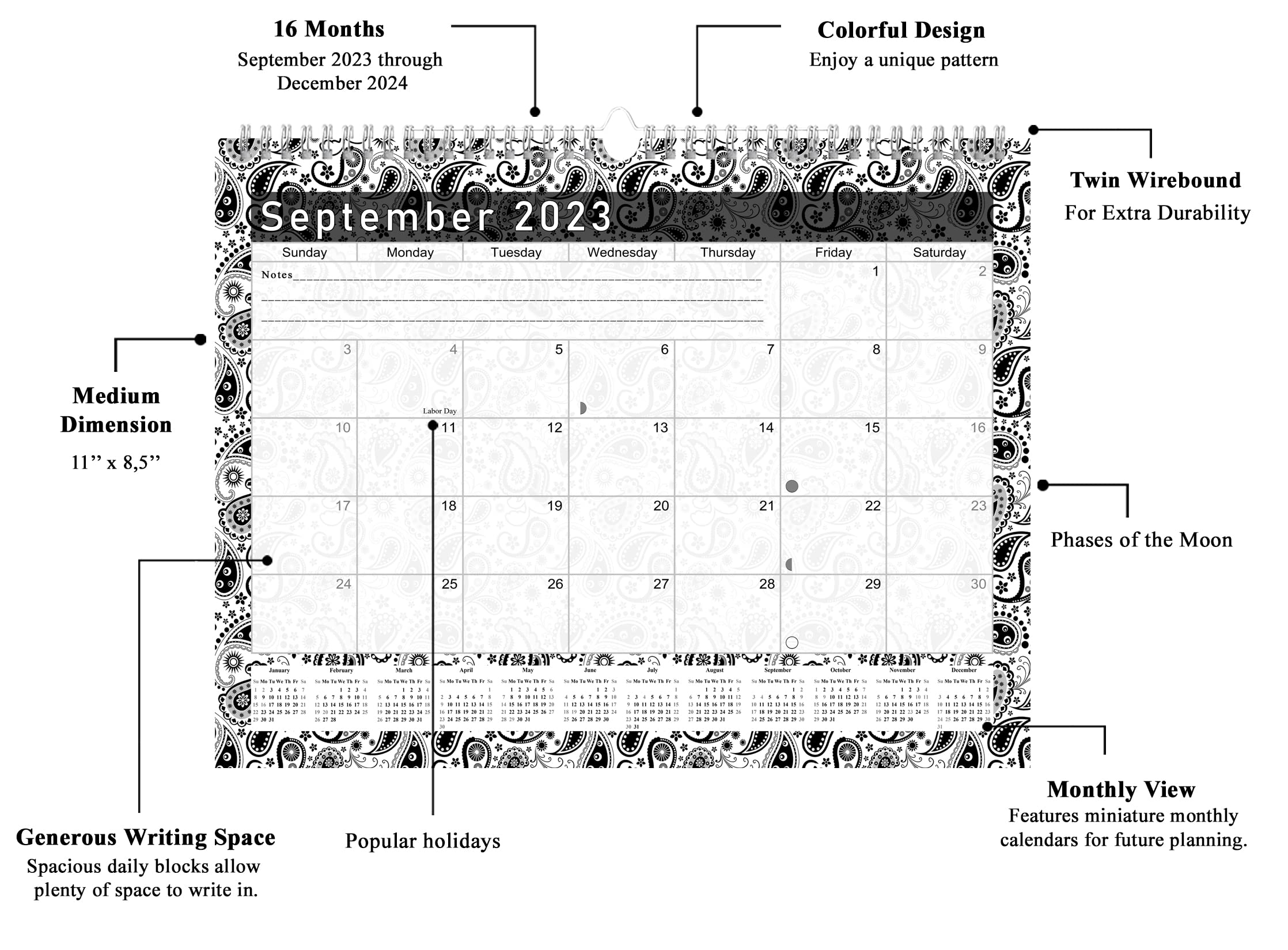 2023-2024 Monthly Spiral-Bound Wall/Desk Calendar - 16 Months Desktop/Wall Blotter Calendar/Planner - (Black&White Paisley - Edition #011)