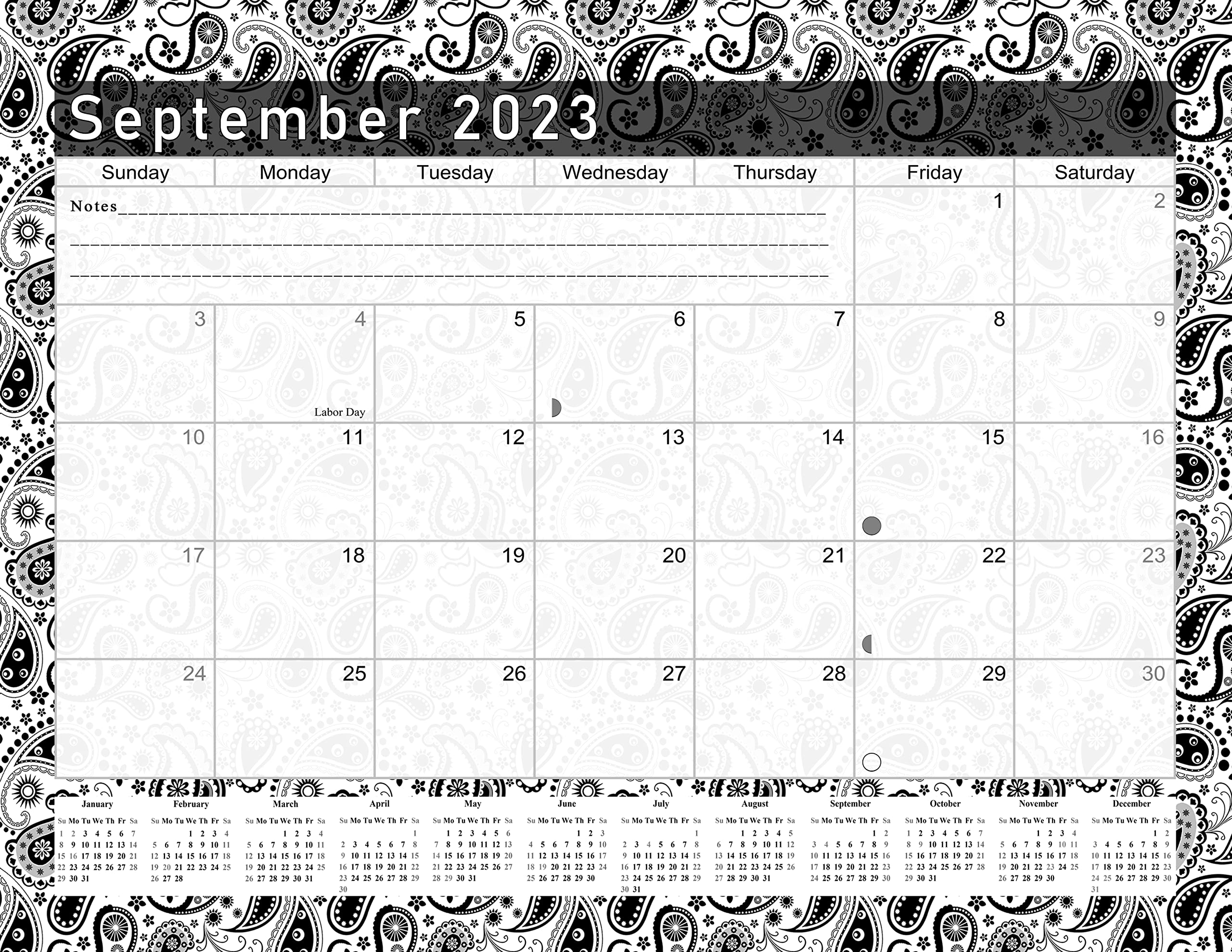 2023-2024 Monthly Spiral-Bound Wall/Desk Calendar - 16 Months Desktop/Wall Blotter Calendar/Planner - (Black&White Paisley - Edition #011)