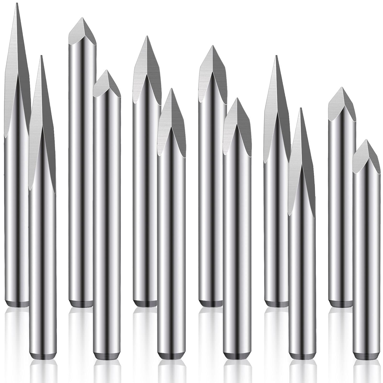 12 Pieces CNC Router V Bits, 1/8" Shank 3 Edge Pyramid Engraving Bits, 0.1 mm Tip 15/20/ 30/45/ 60/90 Degrees Wood Carving Tools