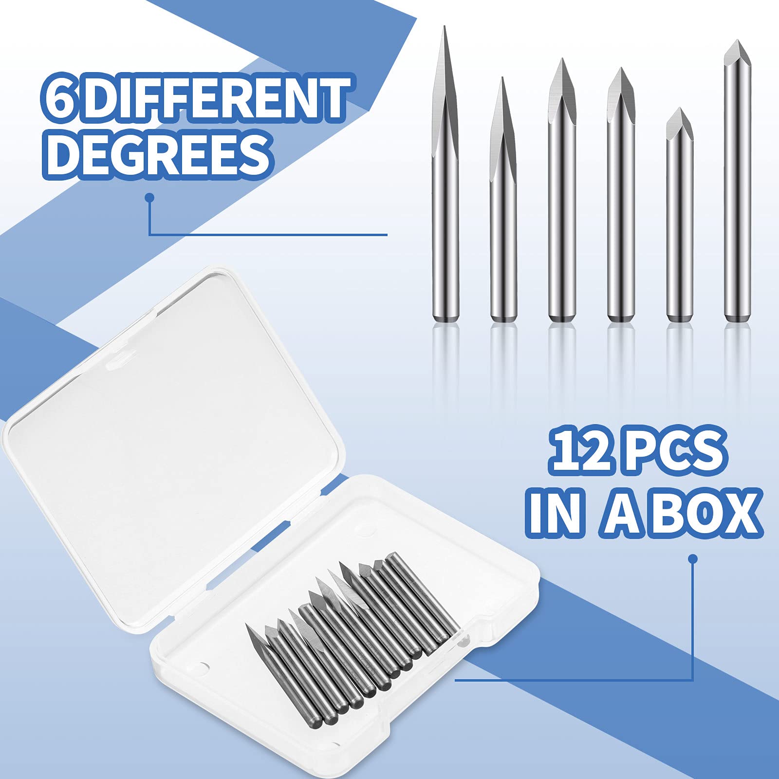 12 Pieces CNC Router V Bits, 1/8" Shank 3 Edge Pyramid Engraving Bits, 0.1 mm Tip 15/20/ 30/45/ 60/90 Degrees Wood Carving Tools