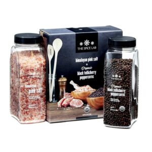 the spice lab pink himalayan salt coarse 2.2 pound tub & usda organic tellicherry peppercorns 18oz tub - combo salt and pepper gift pack - peppercorns for grinder