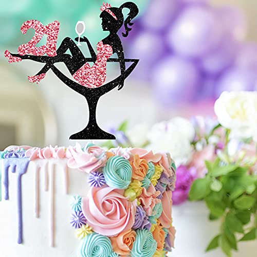 Sitting Girl Cake Topper Picks for Girl Lady 21st Birthday Makeup Spa Theme Party Decoration Supplies 21 Silhouette High Heeled Girl Cake Decor Rose Gold Glitter