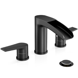 phiestina matte black waterfall bathroom faucet, widespread 3 hole 8 inch modern bathroom faucet with pop up drain and water supply lines, ns-wf005-mb