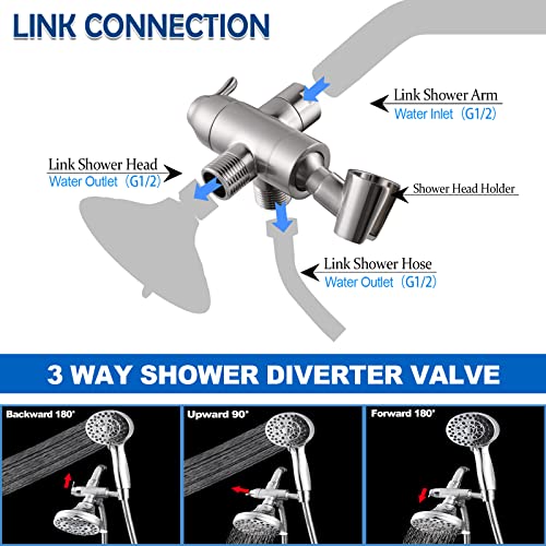 Shower Arm Diverter with Handshower Mount, G1/2 Brass Shower Diverter Valve Bathroom Universal Shower System Replacement for Handheld Shower and Fixed Shower Head(Brushed Nickle)