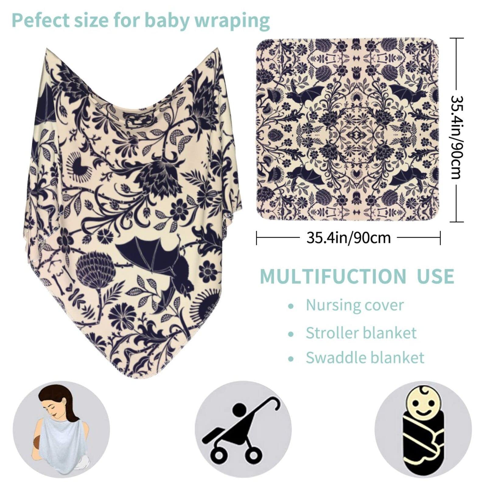 Belinyo Bats and Flower Baby Swaddle Blankets Nursing Cover Infant Receiving Blankets for Crib, Stroller, Travel 36x 36inch