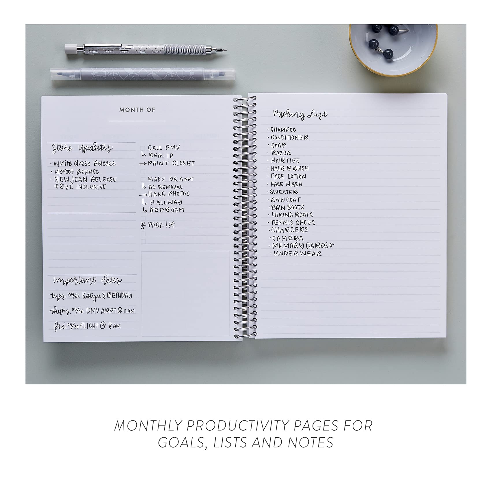 Undated Weekly Planner 7" x 9" Coiled 12 Months - Focused Edition | Slate Blue Vegan Leather Cover, 80Lb Mohawk Paper | 160 Pgs w/ 2-Page Monthly Calendar Spreads, by Erin Condren