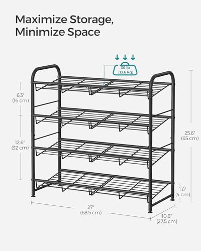 SONGMICS Stackable Shoe Rack, 4 Tier Metal Shoes Rack Storage Shelf, Holds up to 20 Pairs Shoes, Adjustable Slanted Shelves Shoe Tower Organizer for Closet Entryway Small Spaces, Black