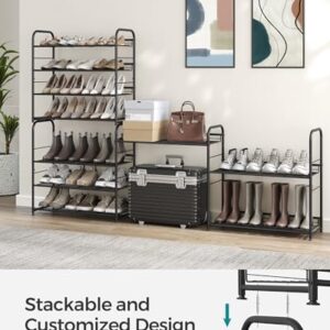 SONGMICS Stackable Shoe Rack, 4 Tier Metal Shoes Rack Storage Shelf, Holds up to 20 Pairs Shoes, Adjustable Slanted Shelves Shoe Tower Organizer for Closet Entryway Small Spaces, Black