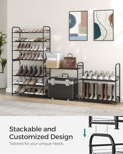 SONGMICS Stackable Shoe Rack, 4 Tier Metal Shoes Rack Storage Shelf, Holds up to 20 Pairs Shoes, Adjustable Slanted Shelves Shoe Tower Organizer for Closet Entryway Small Spaces, Black