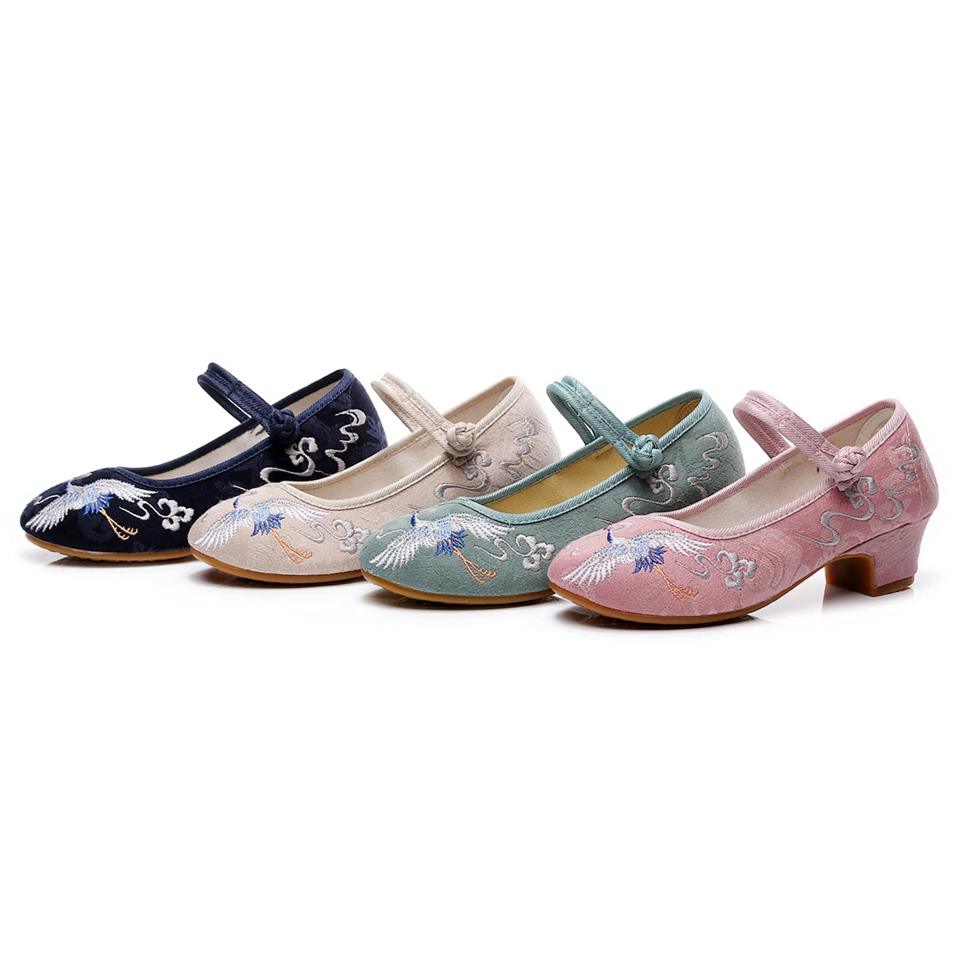 Henoo Women's Round Toe Low-Heel Shoes, Retro Chinese Style Ebroidered Shoes, Tendon-Soled Dance Cloth Shoes Beige