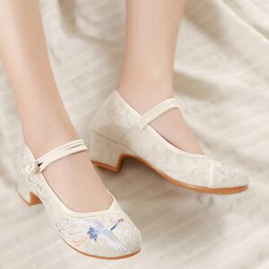 Henoo Women's Round Toe Low-Heel Shoes, Retro Chinese Style Ebroidered Shoes, Tendon-Soled Dance Cloth Shoes Beige