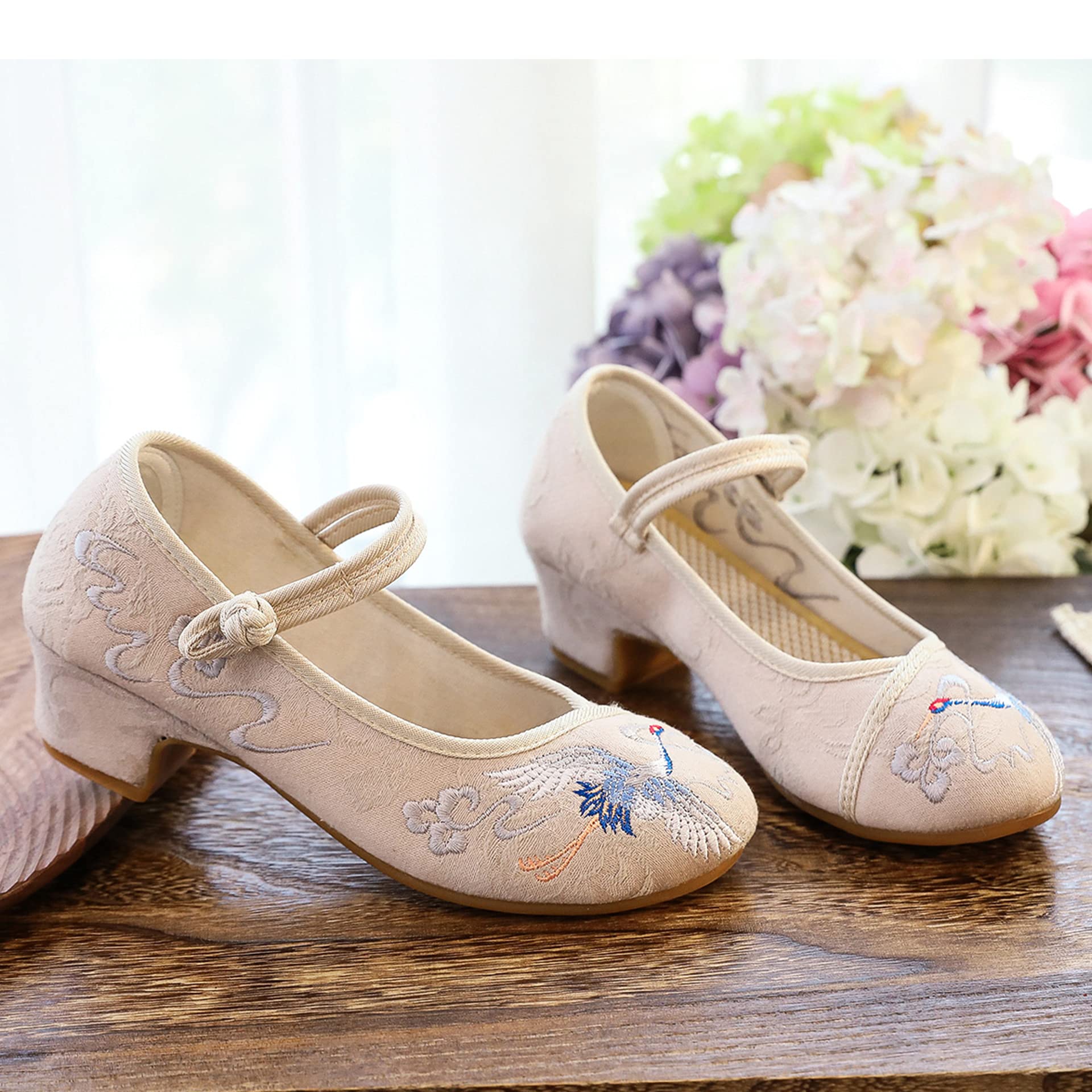 Henoo Women's Round Toe Low-Heel Shoes, Retro Chinese Style Ebroidered Shoes, Tendon-Soled Dance Cloth Shoes Beige