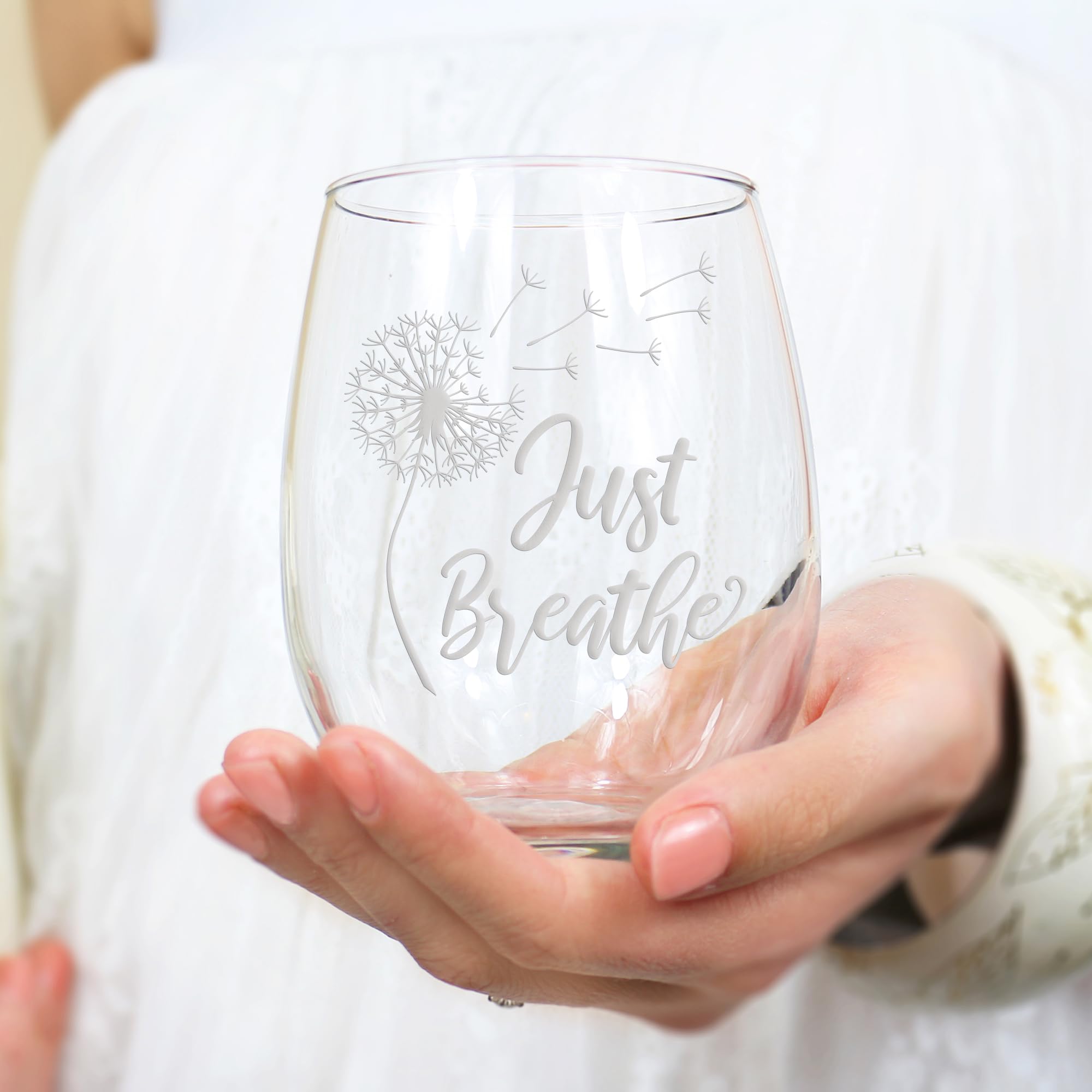 Just Breathe Dandelion Stemless Wine Glass - Just Breathe Gift, Dandelion Gift, Flower Gift, Momlife Gift, Just Breathe Wine Glass