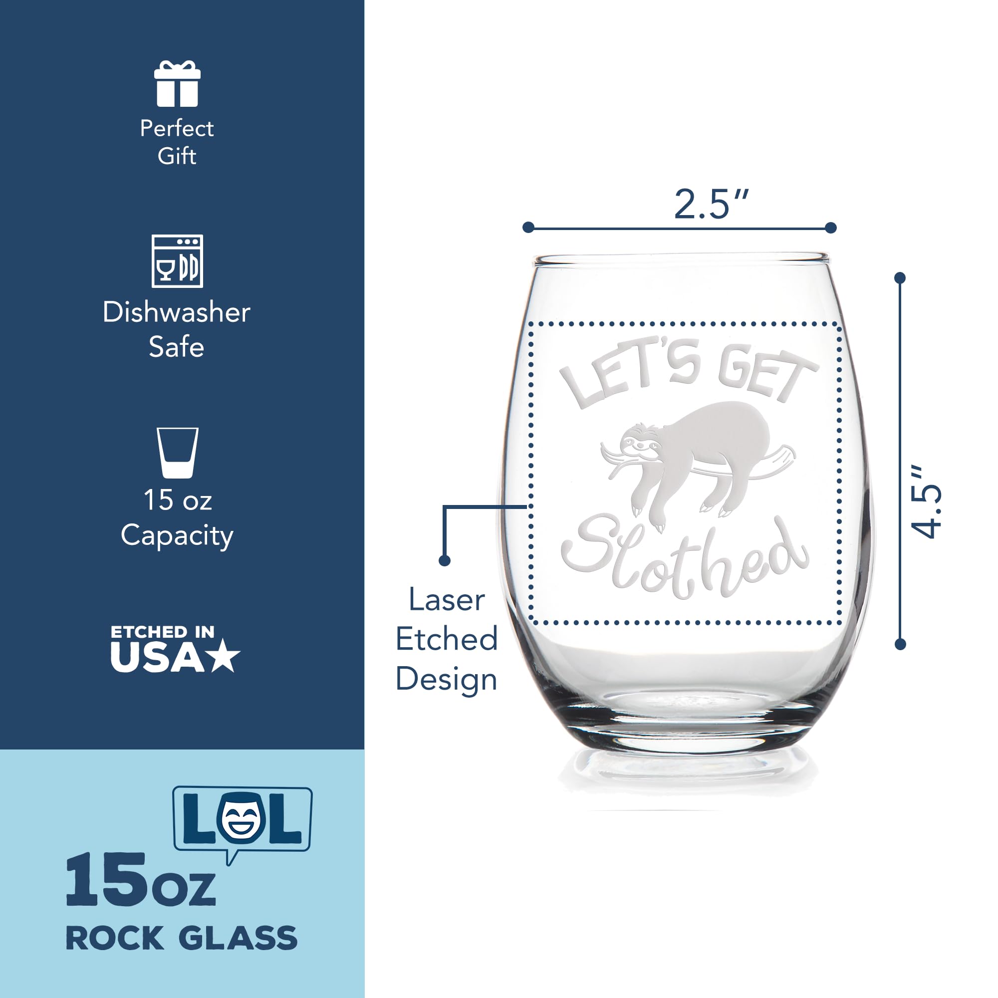 Lets Get Slothed Stemless Wine Glass - Sloth Gift, Joke Wine Glass, Hilarious Gift