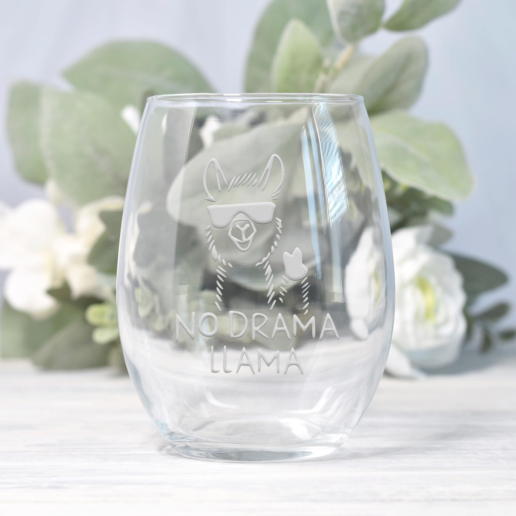 No Drama Llama Stemless Wine Glass - Funny Wine Glass, Wine Glass Jokes, Llama Gift