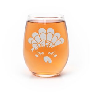 turkey face with bow stemless wine glass - turkey gift, fall gift, autumn gift, thanksgiving gift, turkey wine glass, fall wine glass