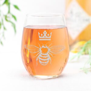 Bee With Crown Queen Stemless Wine Glass - Bee Glass, Crown Glass, Queen Gift, Birthday Glass, Gift For Her