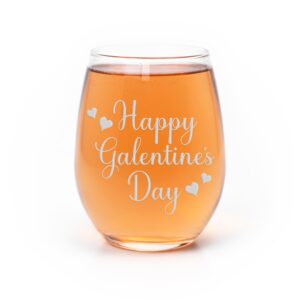 happy galentines day 4 hearts stemless wine glass - valentines day gift, galentines gift, valentines day wine glass, galentines wine glass