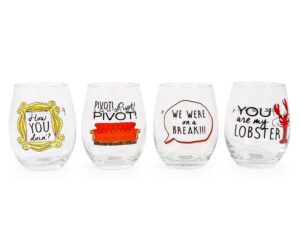 friends tv show iconic quotes stemless wine glasses, set of 4