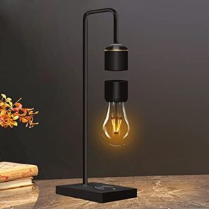 modirnation unique modern levitating lamp with floating light bulb and built-in qi wireless charger, simplistic and innovative design, warm decorative night light (black)