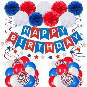 blue white and red birthday decorations, patriotic party supplies kit for men women boys grils, happy birthday banner paper pompoms red blue confetti balloons star streamer for 4th of july baseball