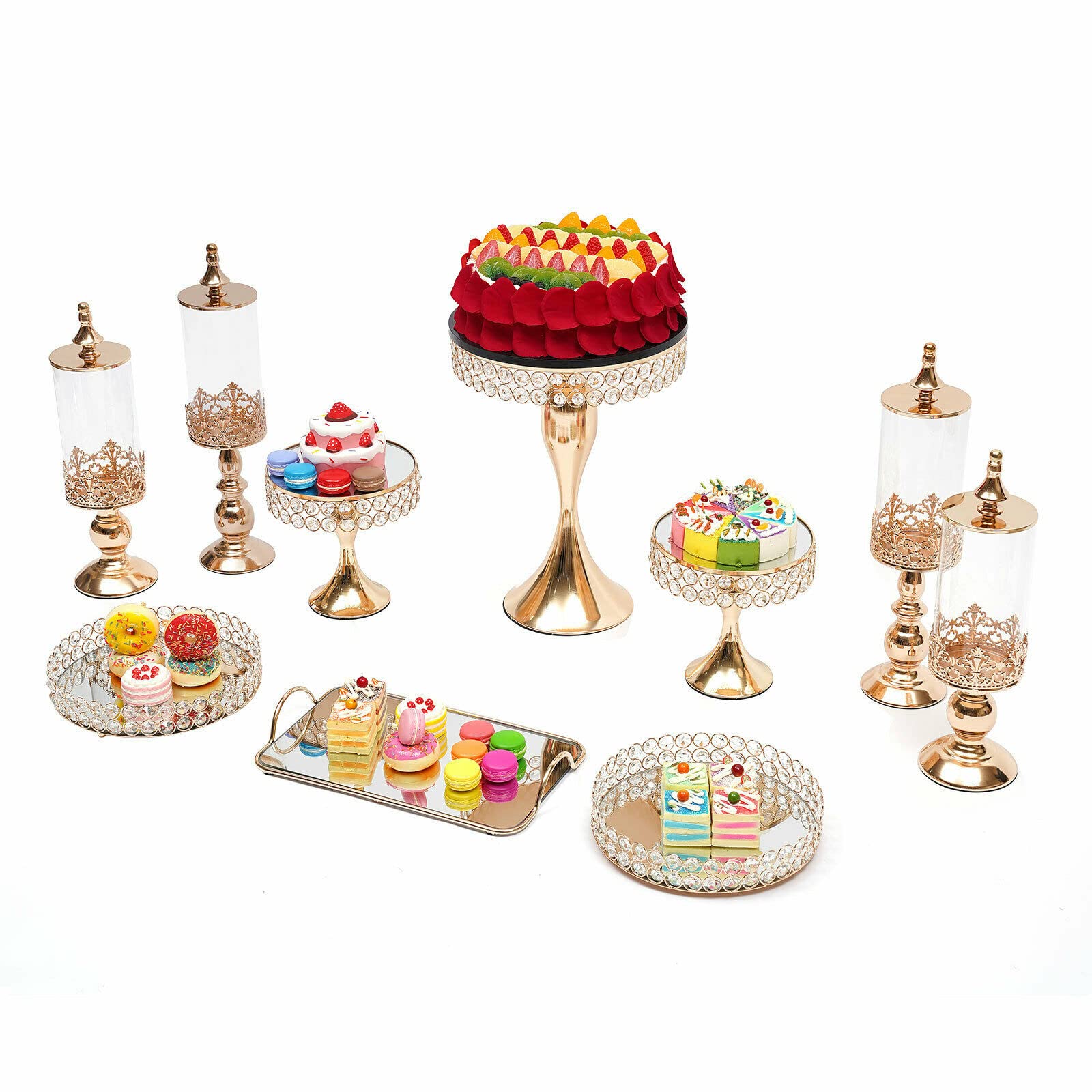 BOTAIDAHONG Gold Round Metal Cupcake Holder Crystal Base Display Plate Rectangular Mirror-top Cake Stand Fruits Dessert Serving Tray for Wedding Party Decor, 10 PCS