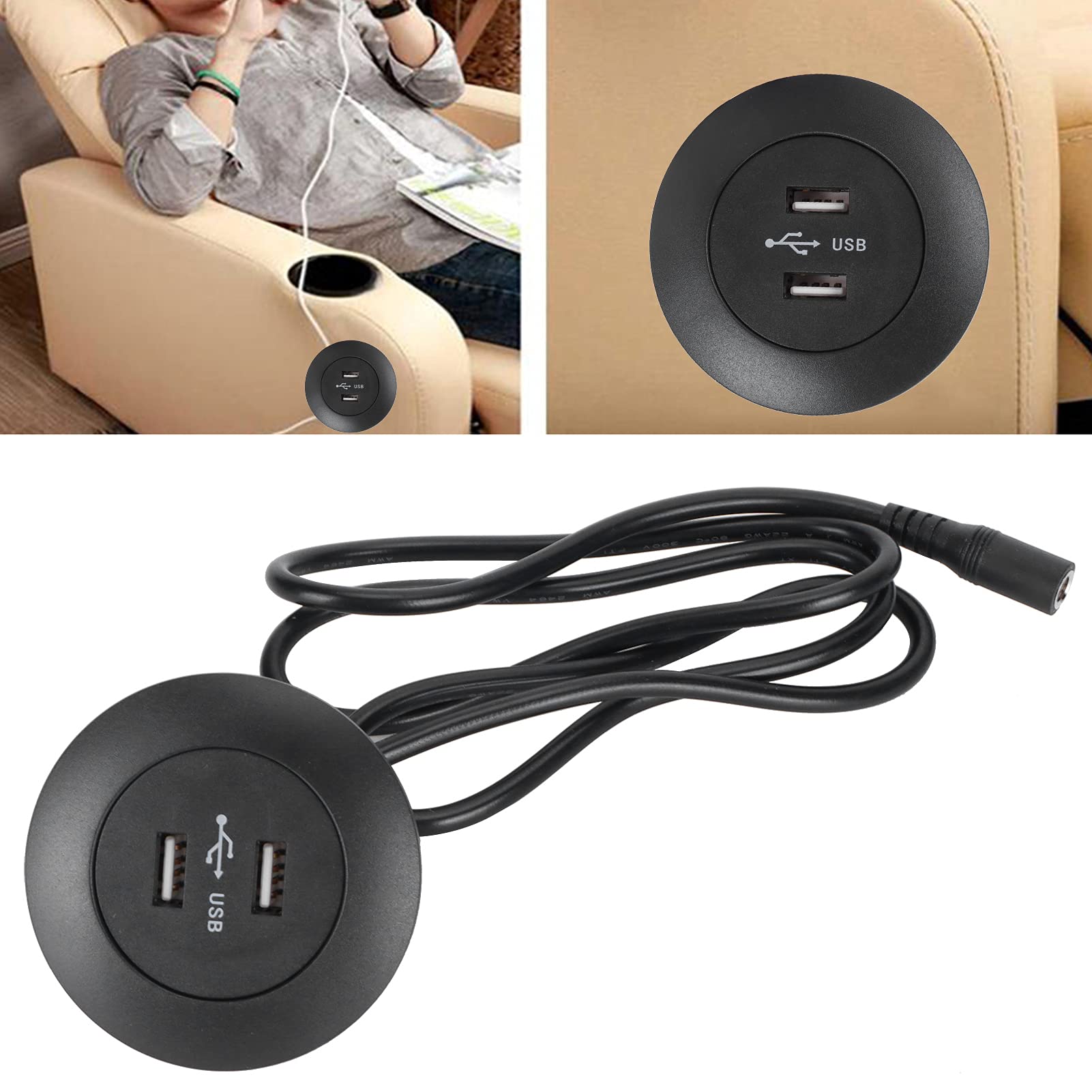Dual USB Socket, Electric Recliner Chair Sofa Replacement Button Round Dual USB Charging Interface Smart Home (US Plug-black)