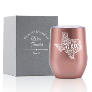 onebttl us states themed travel homesick gift, souvenirs for women, 12oz stainless steel wine tumbler with lid, perfect for christmas, moving gift - texas rosegold