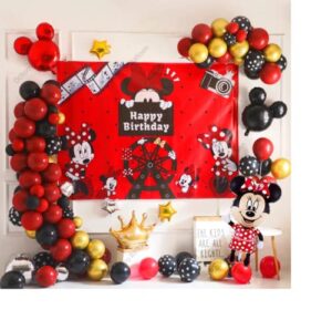 red mini mouse birthday party decorations, minnie themed party supplies set for girls with balloons garland kit, mini mouse photography backdrop 7x5, mini mouse foil balloon