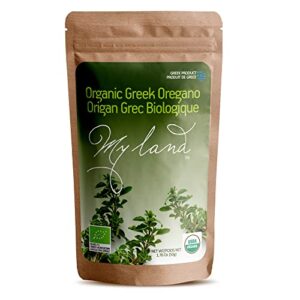 my land organic greek oregano, hand picked from mount olympus, traditionally dried and cut, packaged in a resealable bag with a fresh aroma and taste (50g - 1.76oz)