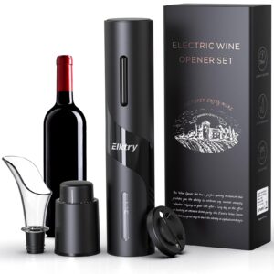 elktry electric wine bottle opener, automatic electric corkscrew wine opener battery operated with foil cutter and wine pourer and vacuum stoppers for wine lovers gift- black