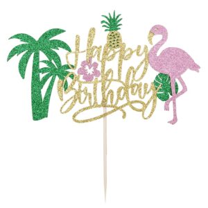 PALASASA Glitter Flamingo Happy Birthday Cake Topper,Hawaiian Luau Tropical Pineapple Theme Kids Boys Girls Party Decoration Supplies