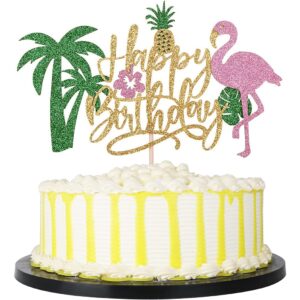 palasasa glitter flamingo happy birthday cake topper,hawaiian luau tropical pineapple theme kids boys girls party decoration supplies