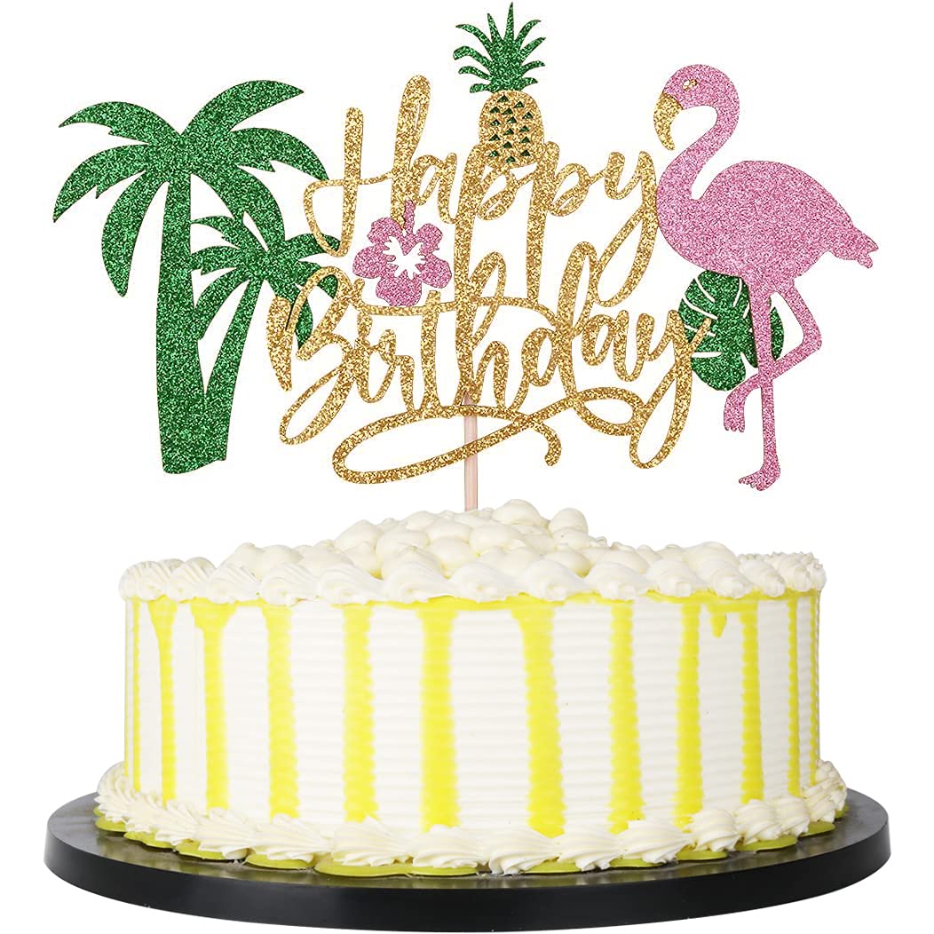 PALASASA Glitter Flamingo Happy Birthday Cake Topper,Hawaiian Luau Tropical Pineapple Theme Kids Boys Girls Party Decoration Supplies