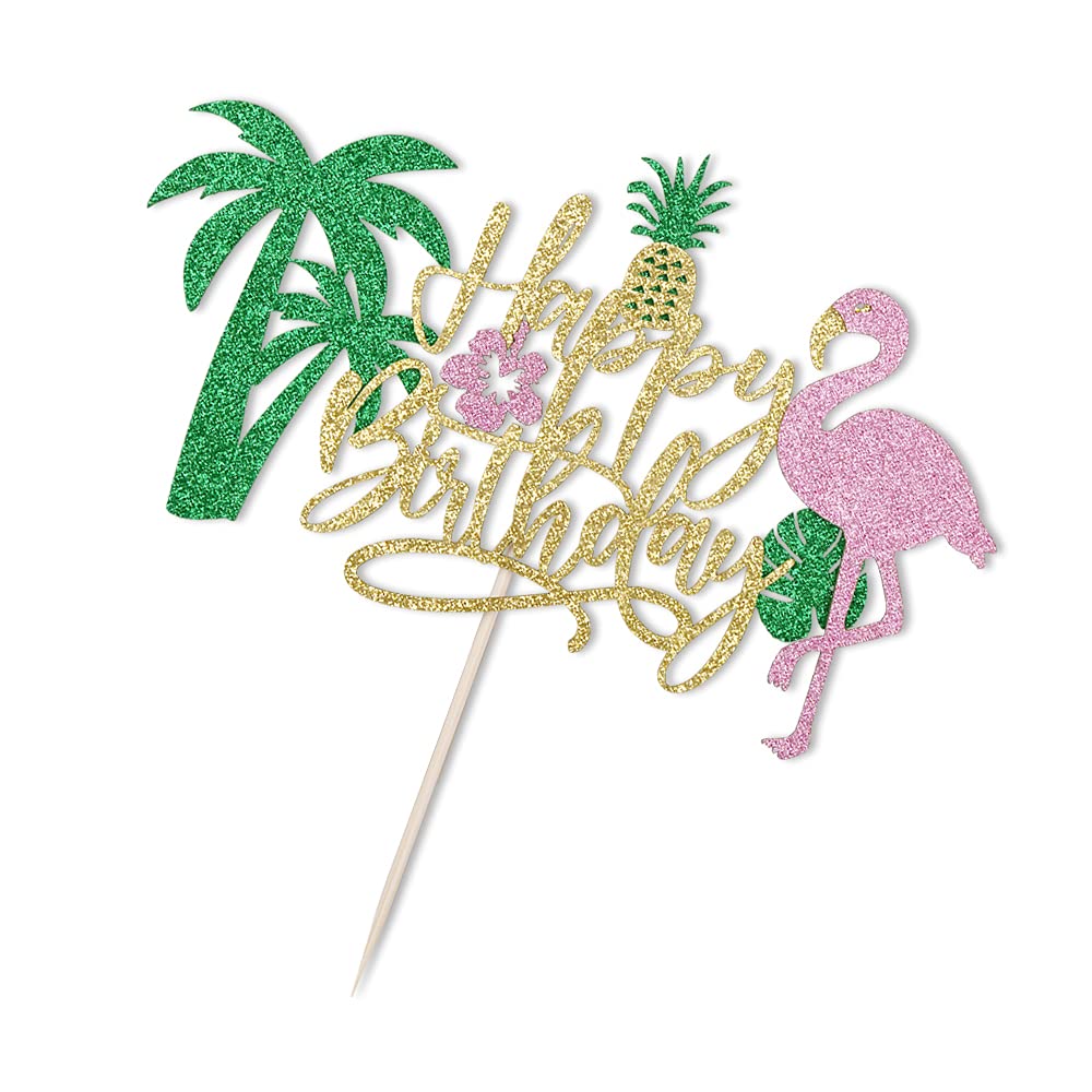 PALASASA Glitter Flamingo Happy Birthday Cake Topper,Hawaiian Luau Tropical Pineapple Theme Kids Boys Girls Party Decoration Supplies