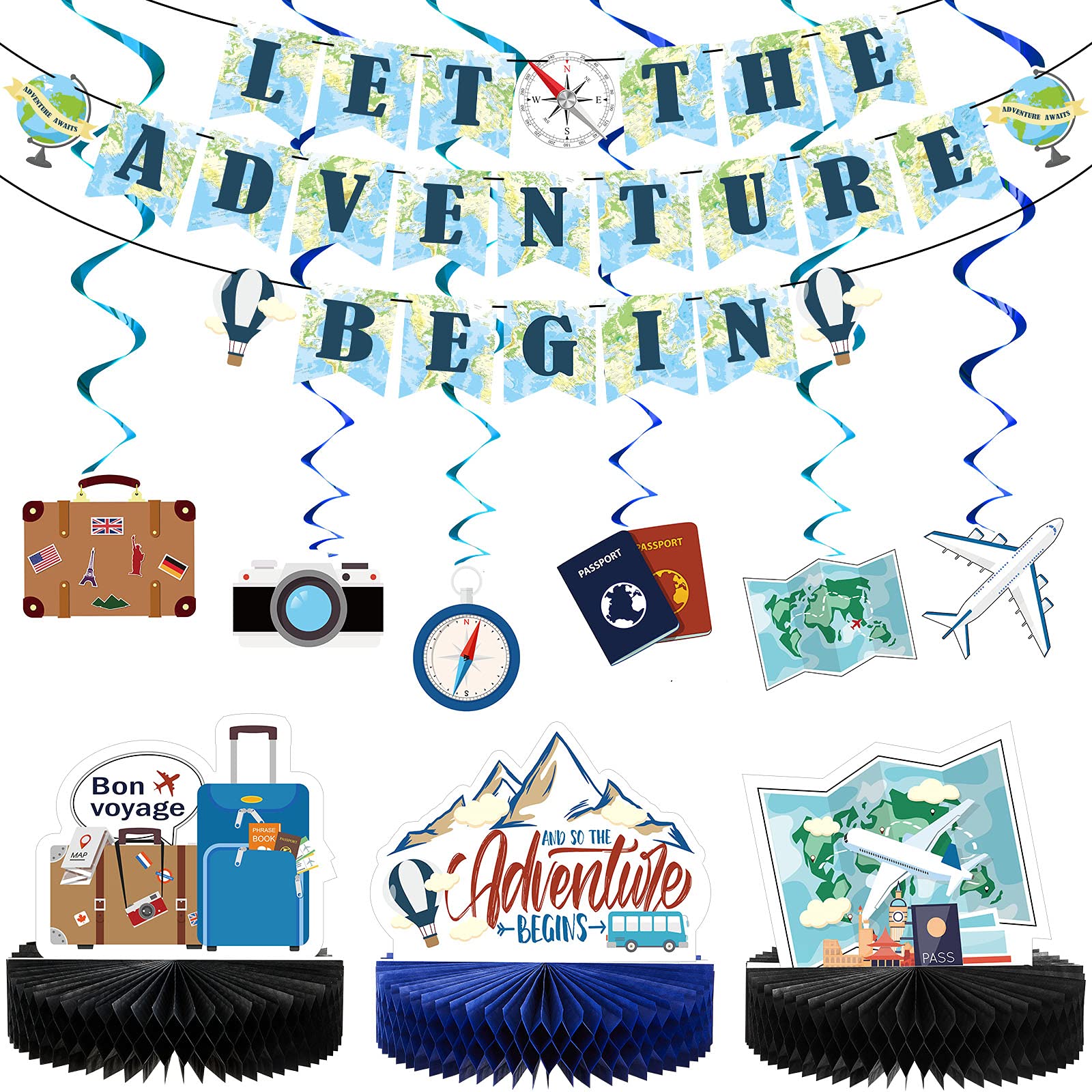 16 Pieces Travel Themed Party Decorations Let the Adventure Begin Banner Bon Voyage Party Decorations Travel Honeycomb Centerpieces for Travel Baby Shower Graduation Retirement Farewell Party Supplies