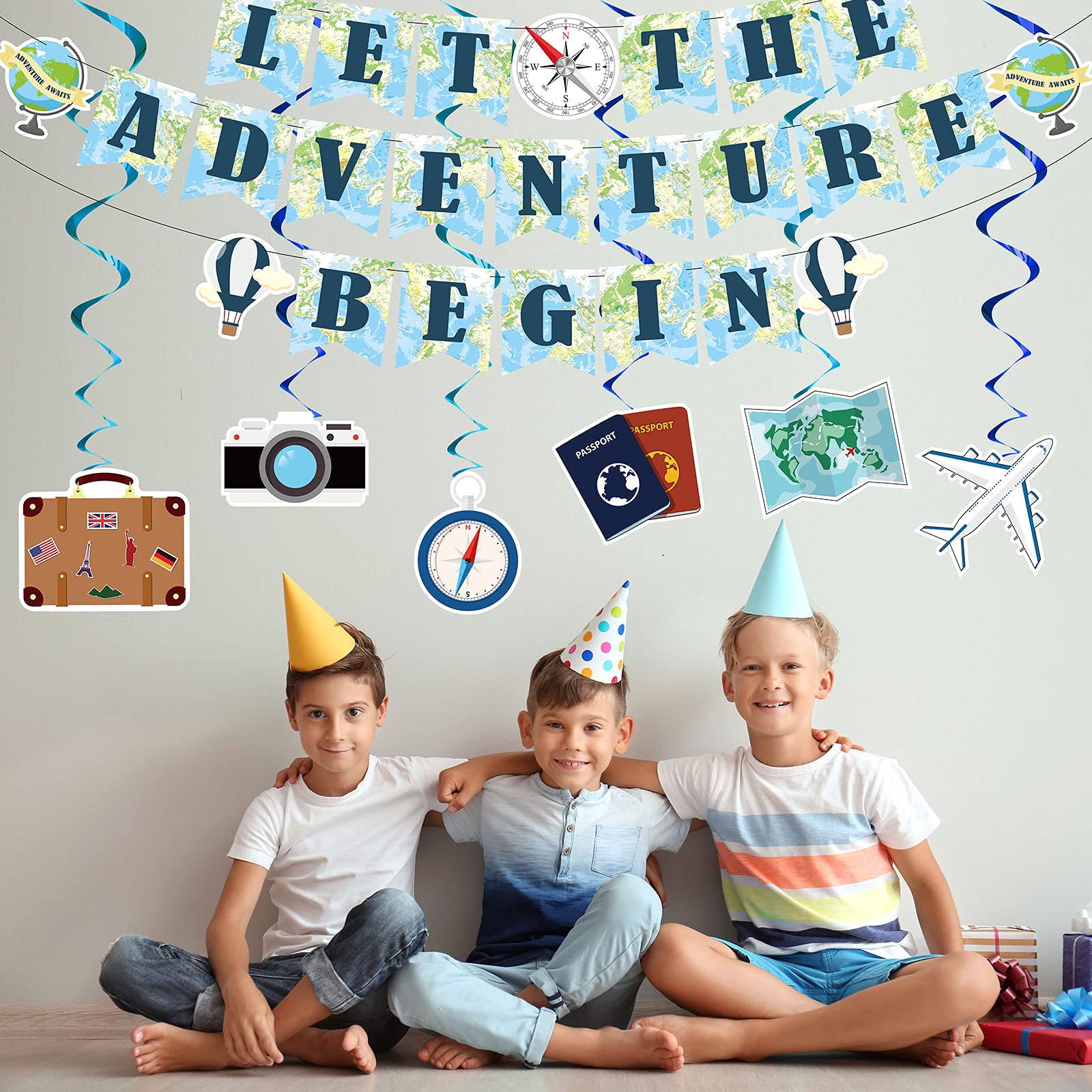 16 Pieces Travel Themed Party Decorations Let the Adventure Begin Banner Bon Voyage Party Decorations Travel Honeycomb Centerpieces for Travel Baby Shower Graduation Retirement Farewell Party Supplies