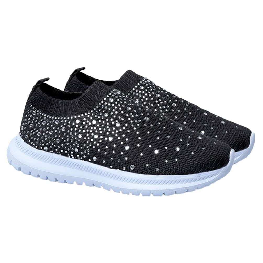 Holibanna Rhinestone Slip On Sneakers Breathable Sock Shoes Mesh Walking Running Sports Shoes Black