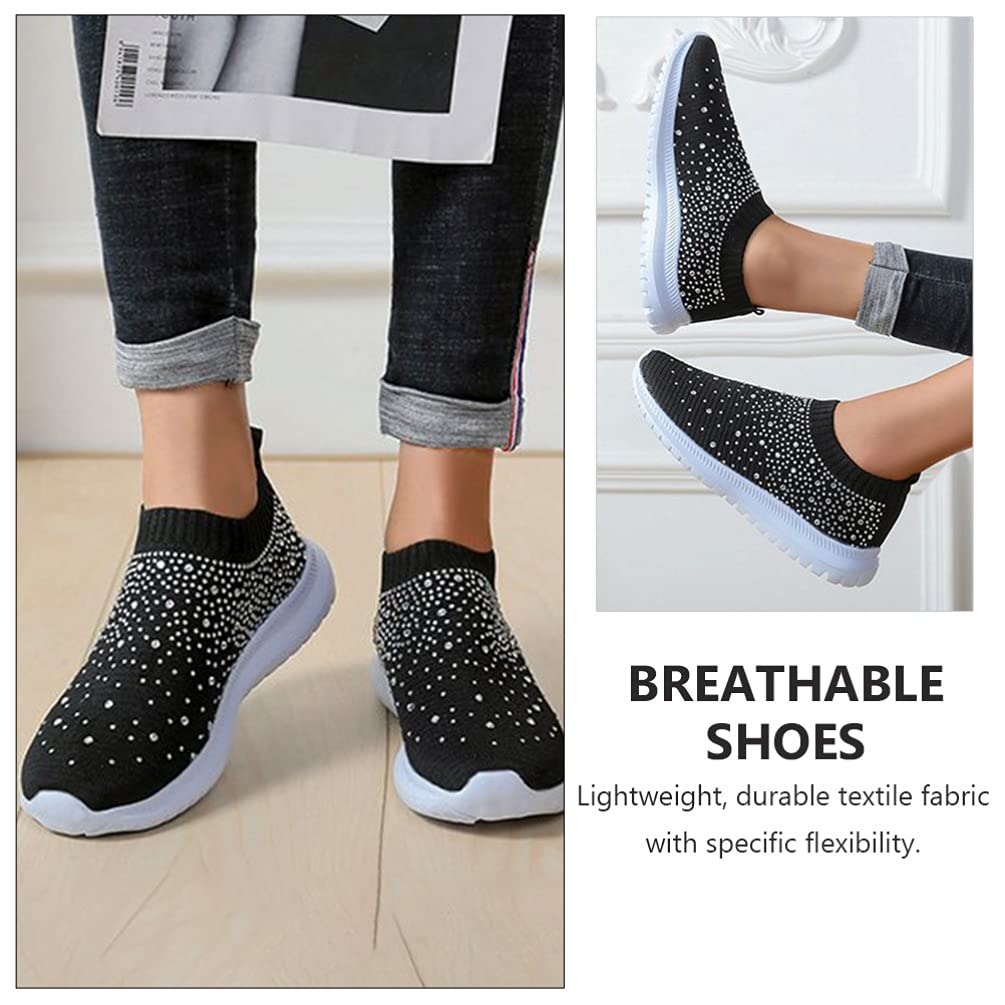 Holibanna Rhinestone Slip On Sneakers Breathable Sock Shoes Mesh Walking Running Sports Shoes Black