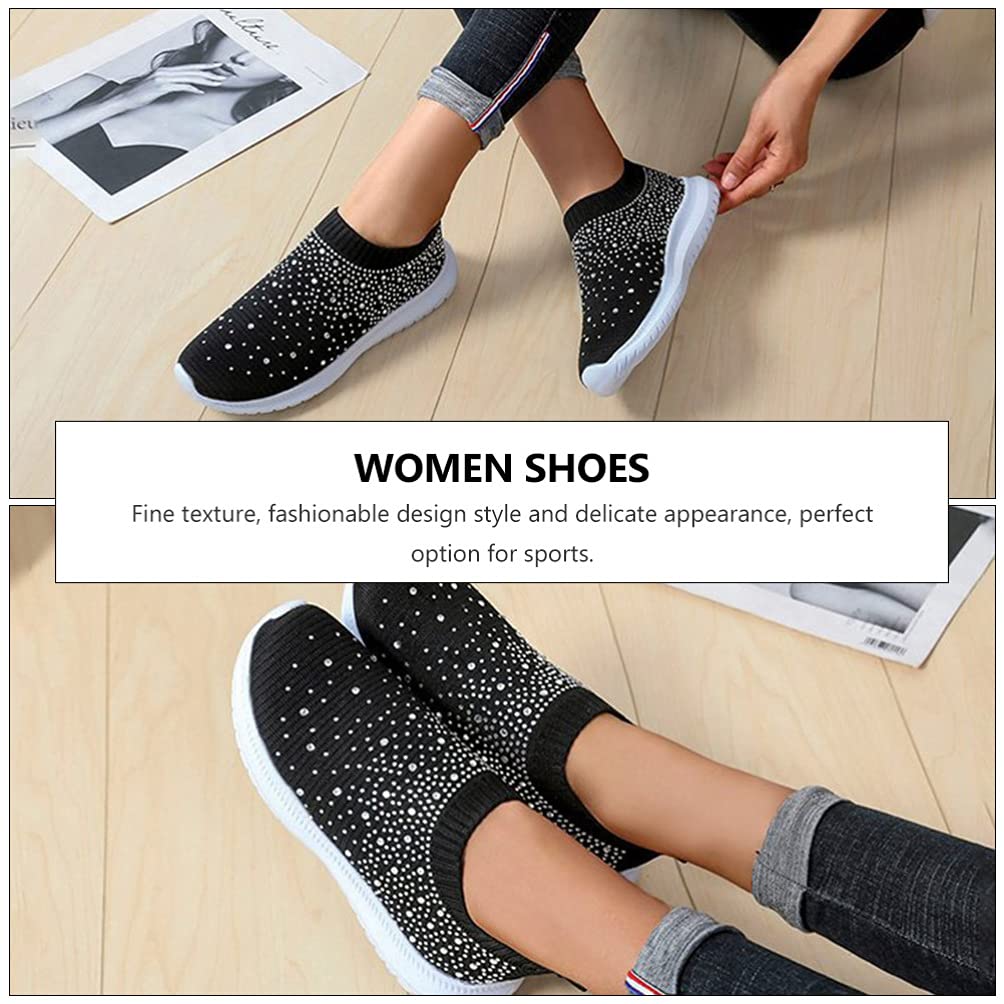 Holibanna Rhinestone Slip On Sneakers Breathable Sock Shoes Mesh Walking Running Sports Shoes Black