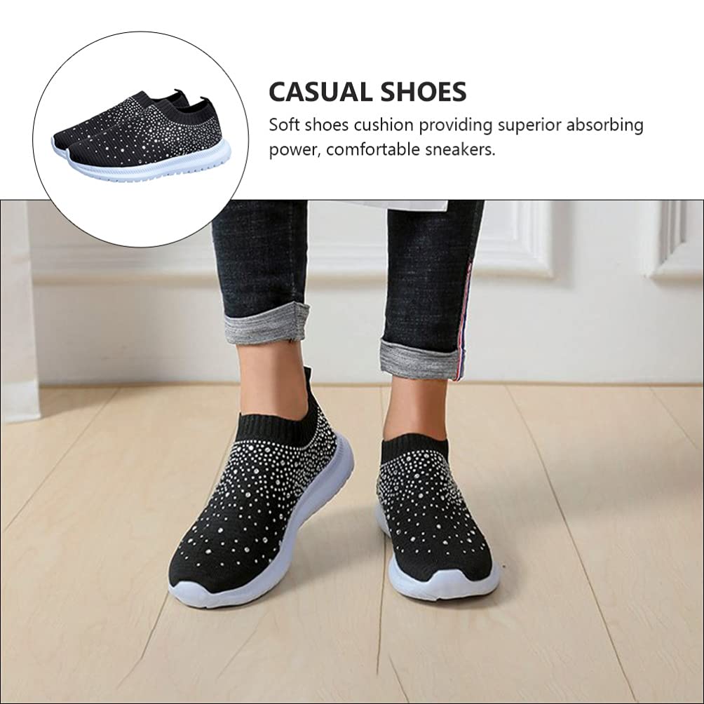 Holibanna Rhinestone Slip On Sneakers Breathable Sock Shoes Mesh Walking Running Sports Shoes Black