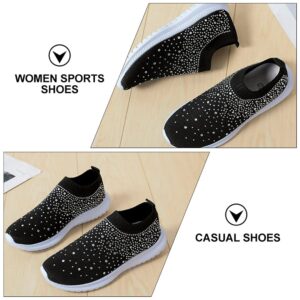 Holibanna Rhinestone Slip On Sneakers Breathable Sock Shoes Mesh Walking Running Sports Shoes Black