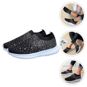 Holibanna Rhinestone Slip On Sneakers Breathable Sock Shoes Mesh Walking Running Sports Shoes Black