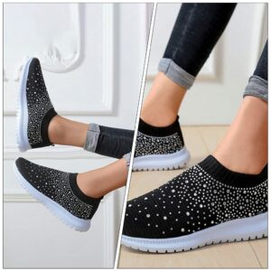 Holibanna Rhinestone Slip On Sneakers Breathable Sock Shoes Mesh Walking Running Sports Shoes Black