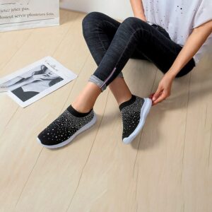 Holibanna Rhinestone Slip On Sneakers Breathable Sock Shoes Mesh Walking Running Sports Shoes Black