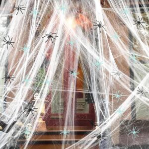 300 sqft halloween spider web decorations, with 10 glow and 10 black fake spiders, halloween decorations outdoor large stretch spider web cobwebs indoor (300 sqft web+20 spider)