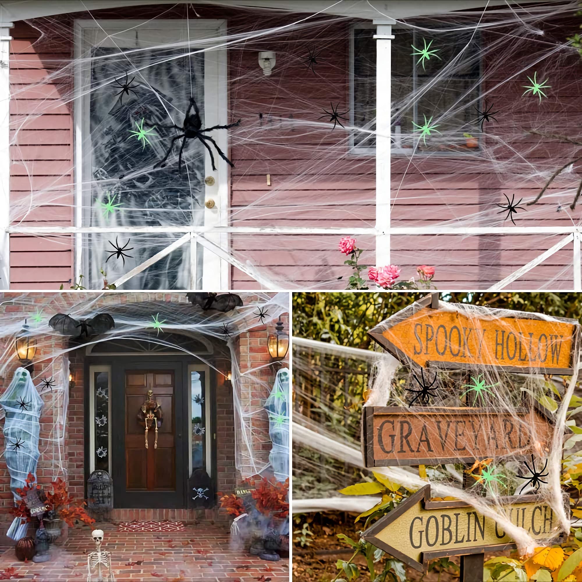 300 Sqft Halloween Spider Web Decorations, with 10 Glow and 10 Black Fake Spiders, Halloween Decorations Outdoor Large Stretch Spider Web Cobwebs Indoor (300 sqft Web+20 Spider)