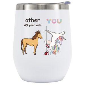 crisky 40th birthday gifts for women friends-40th bday gifts women-funny unicorn wine tumbler 12 oz with lid, straw