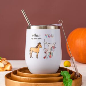 Crisky 40th Birthday Gifts for Women friends-40th bday gifts women-Funny Unicorn Wine Tumbler 12 OZ with Lid, Straw