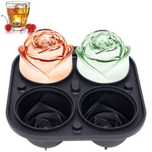 koomall 3d rose ice molds 2.5 inch, large ice cube trays, make 4 giant cute flower shape ice, silicone rubber fun big ice ball maker for cocktails juice whiskey bourbon freezer, dishwasher safe, black